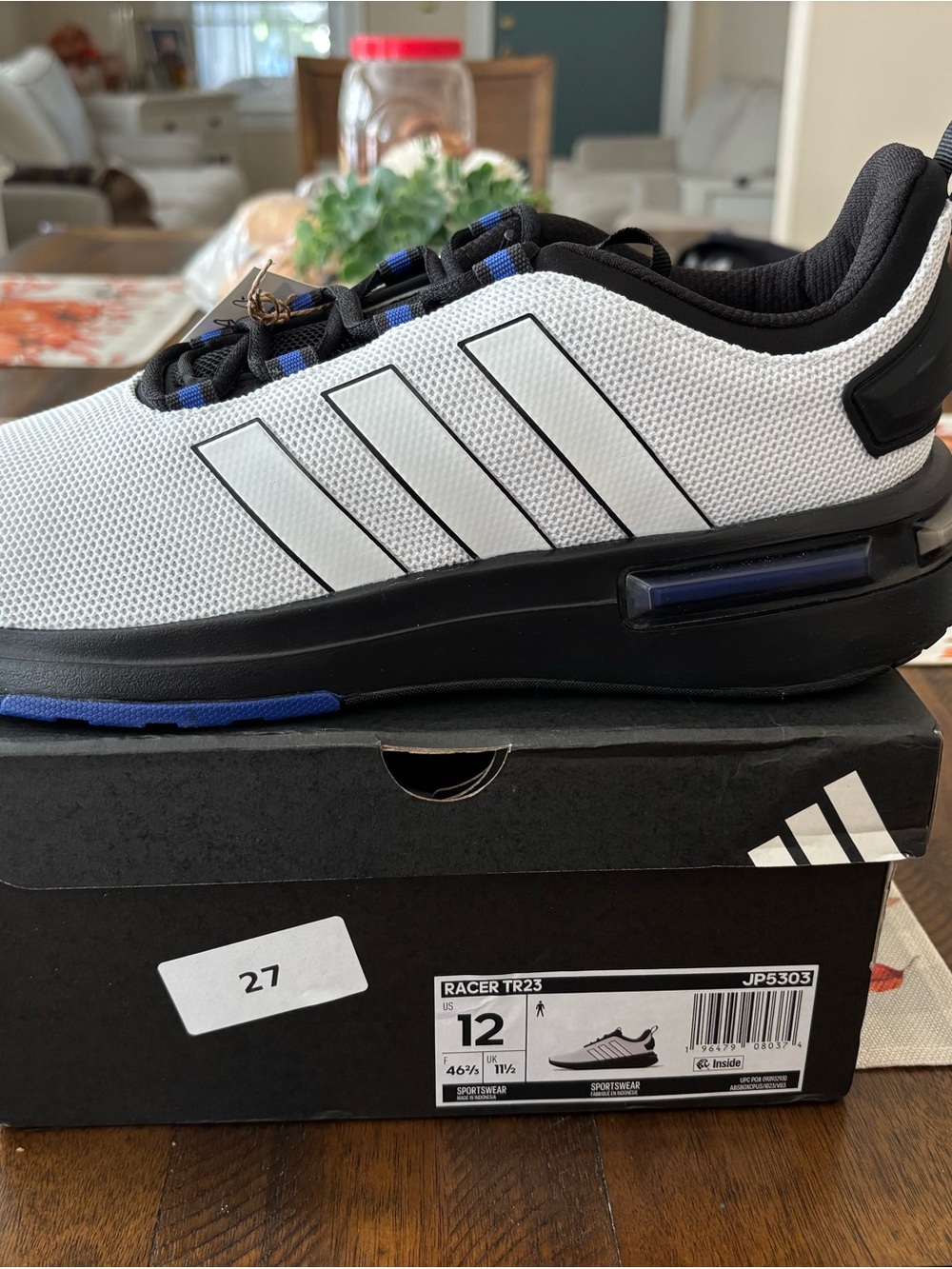 adidas Men's White Mesh Sneakers with Black Midsole and Blue Accents